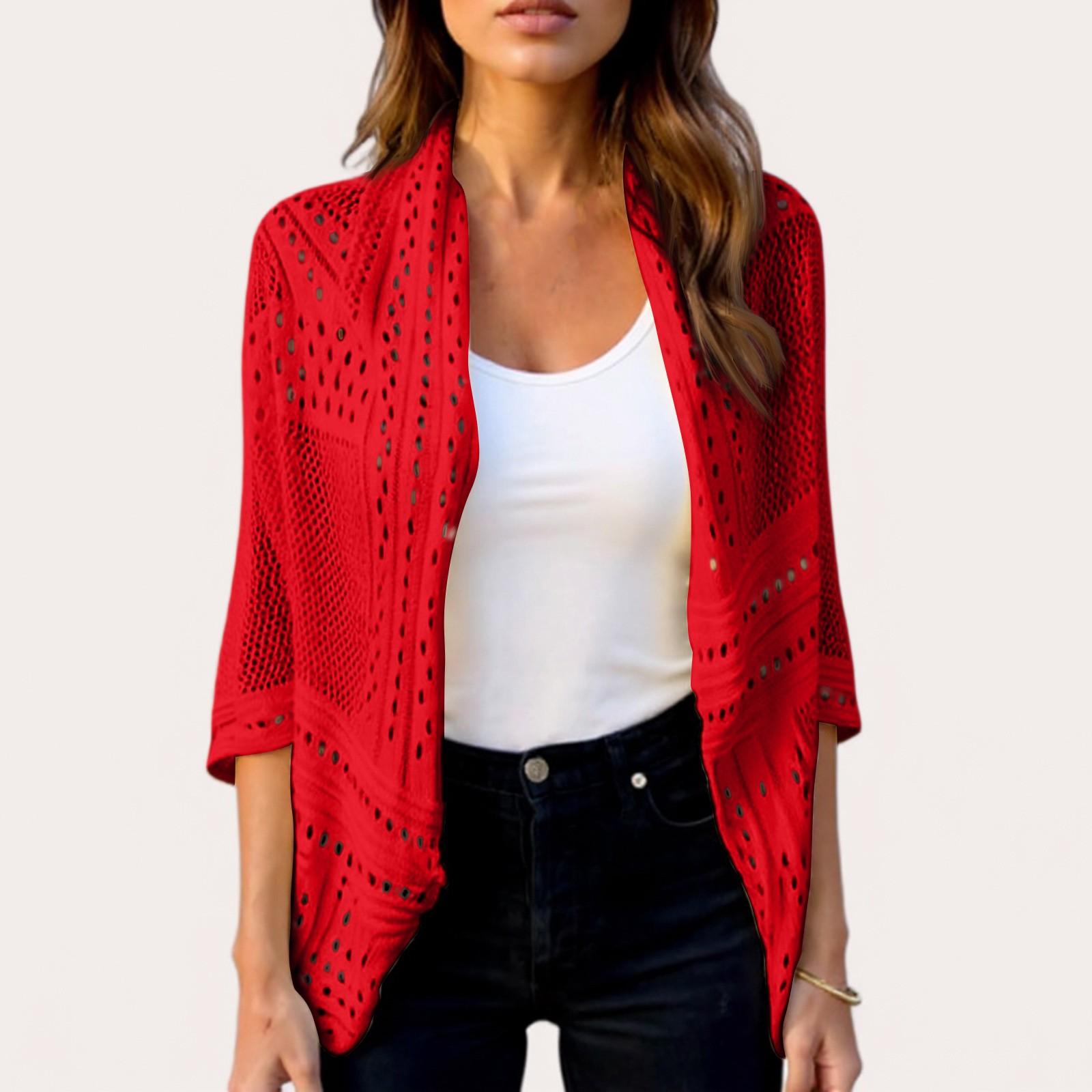 

Вязаный цельный топ-кардиган с полурукавами и ажурным узором для девочек XL красный