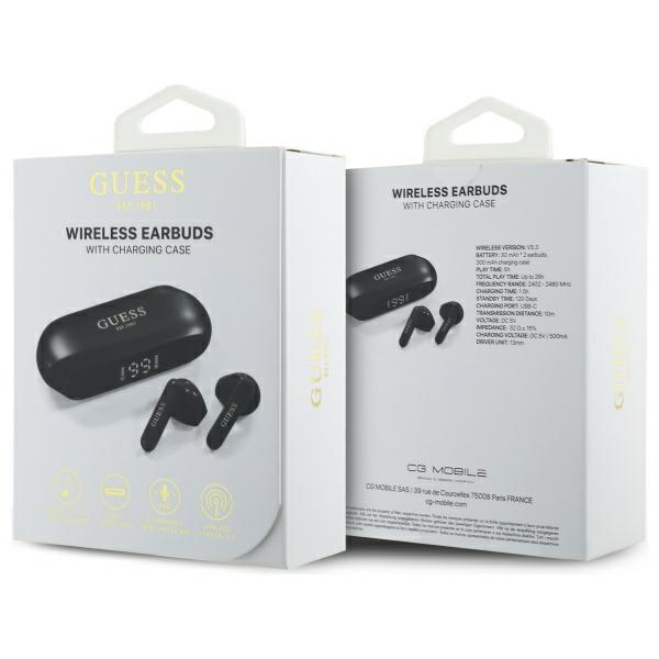 Guess Słuchawki Bluetooth Gutwsc2Mcdsk   Tws + Stacja Dokująca Czarny/Black Elongated Metalic Printed Logo