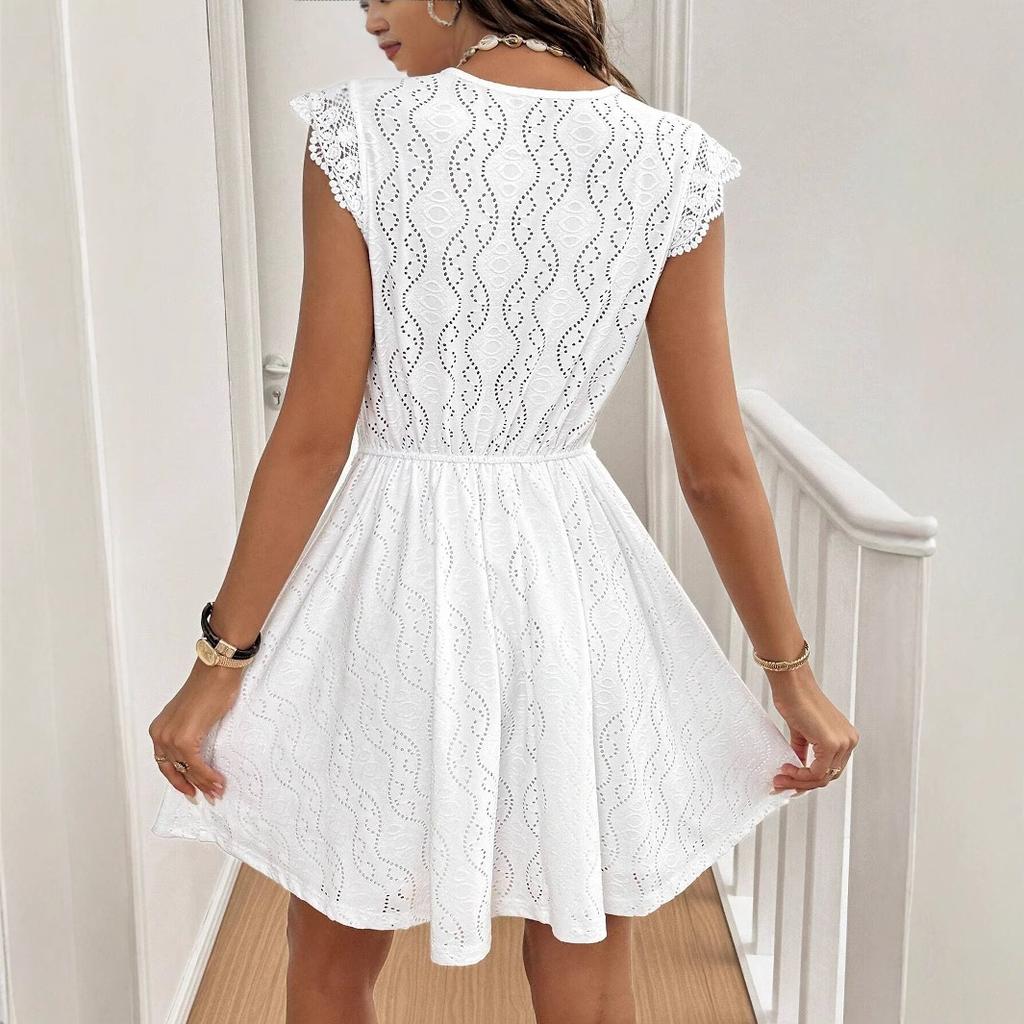 Europe, America 1011 summer new knitted jacquard hollow V-neck elastic lace short dress dress women