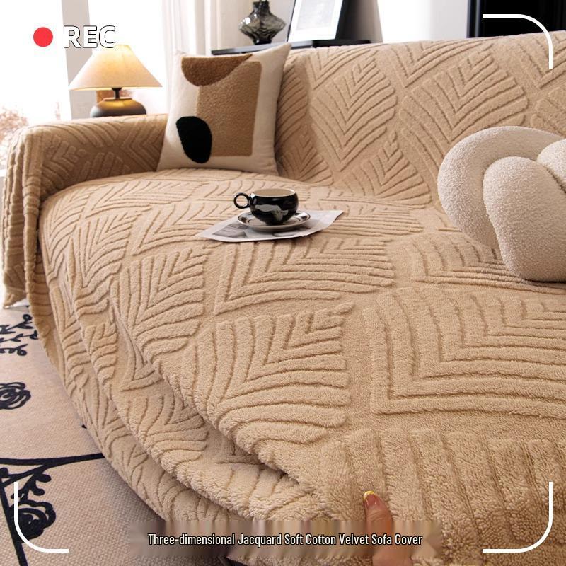 Cream Plush Sofa Wrap: One-Piece Cushion Cover & Warm Blanket for Autumn/Winter.