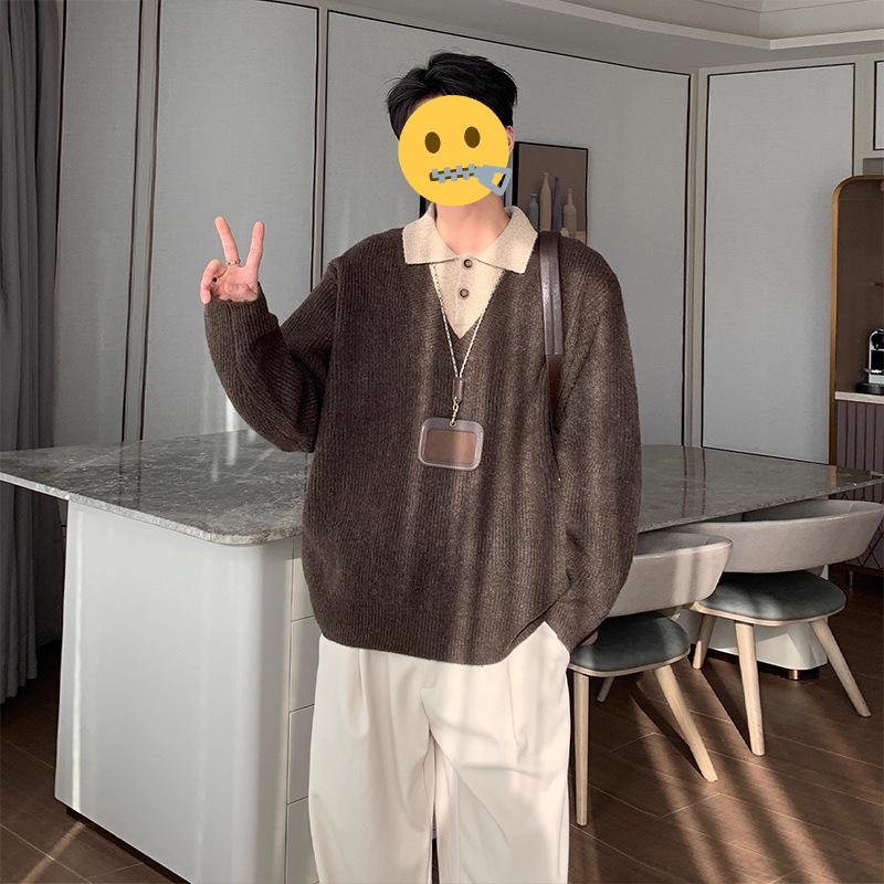 

Men s Coffee Knit Sweater: Fake Two-Piece Design, Perfect for Autumn/Winter, Clean Fit, Ideal for Layering, Laid-back Style. L кавовий