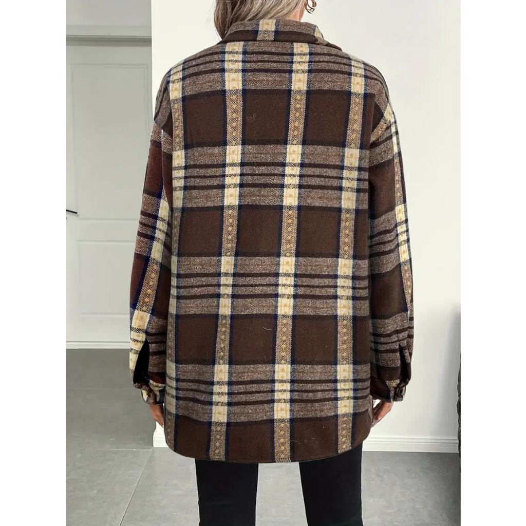 Autumn Winter Fleece Lined Women Plaid Lapel Jacket Casual Loose Long Sleeve Shirt Coat Commute Outwear