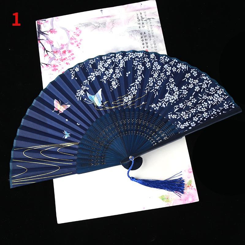 1Pc Vintage Silk Folding Fan Retro Chinese Japanese Bamboo Folding Fan Tassel Dance Hand Fan Home Decoration Ornament Craft Gift
