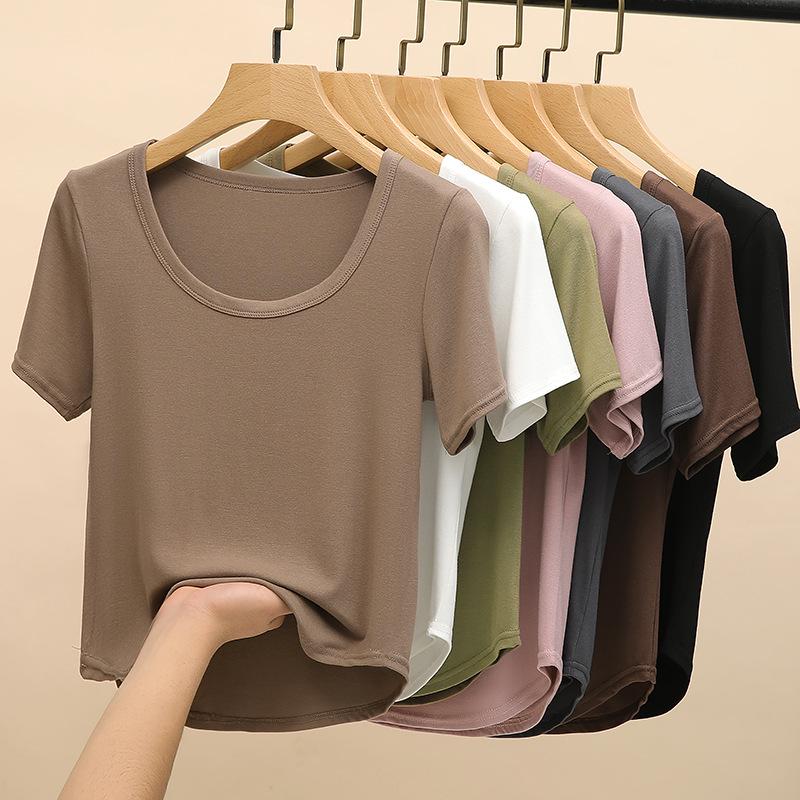 Premium Women's Summer U-Neck T-Shirt: Lightweight Inner Layer or Outer White Short Top