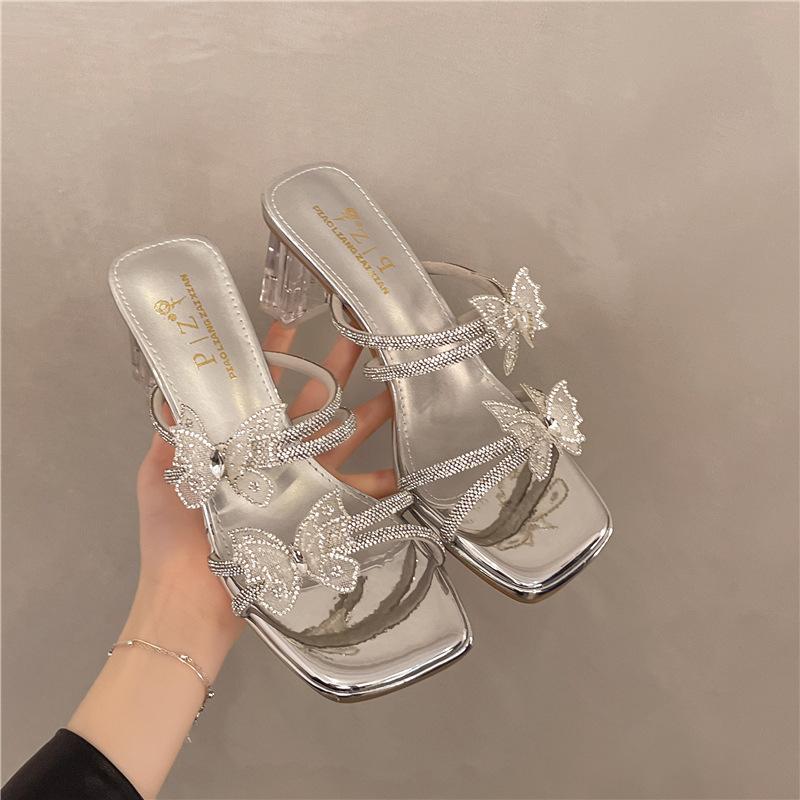 Fairy Style Fashion Rhinestone Bow Slippers Female Summer Wear Thick Heel Sandals 2025 New Comfortable Women's Shoes