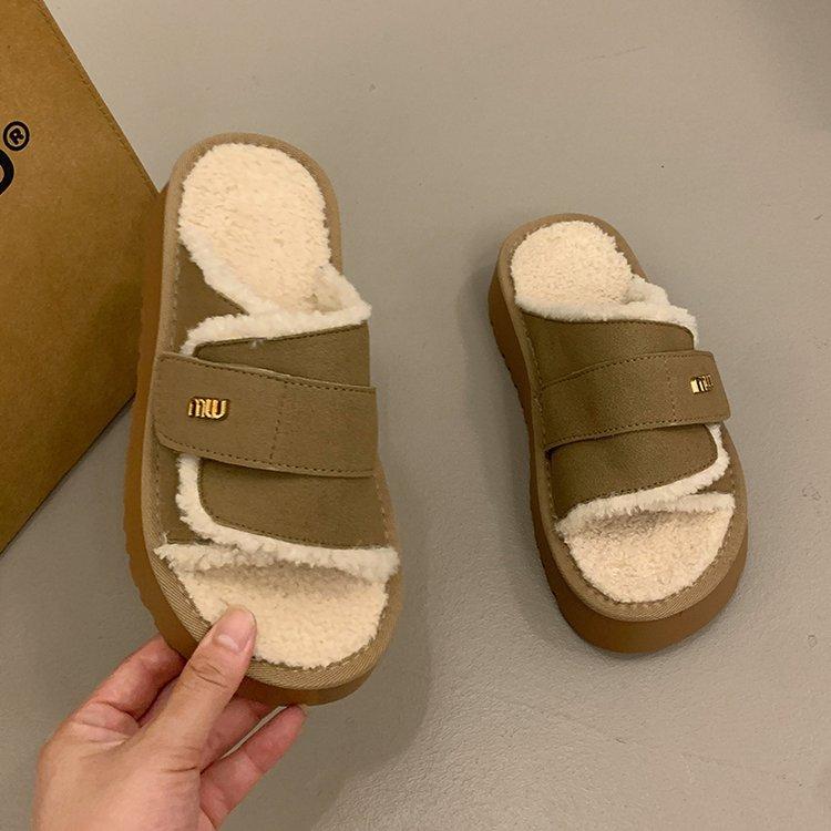 Maillard fluffy slippers women's autumn and winter velvet outer wear fashion and advanced sense 2025 new thick-soled heightening cotton slippers