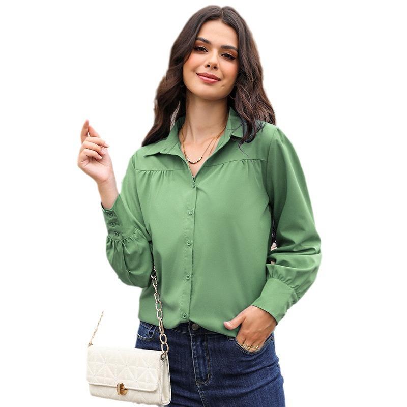 Buckle Top Lantern Sleeves Pleated Solid Color Stand Collar Loose Long Sleeved Women's Shirt