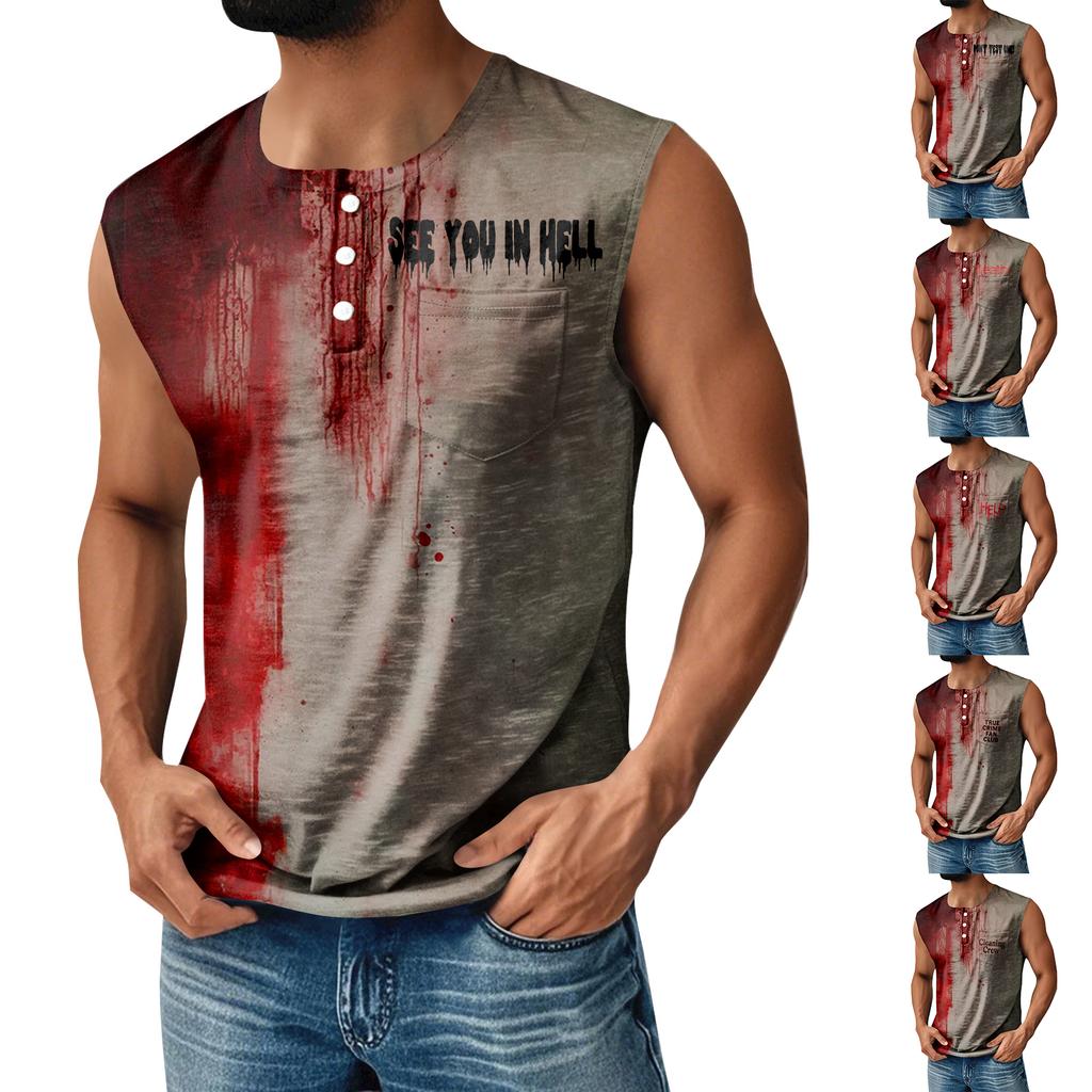 Men's Halloween Printed Sports Button Pocket Sleeveless Vest