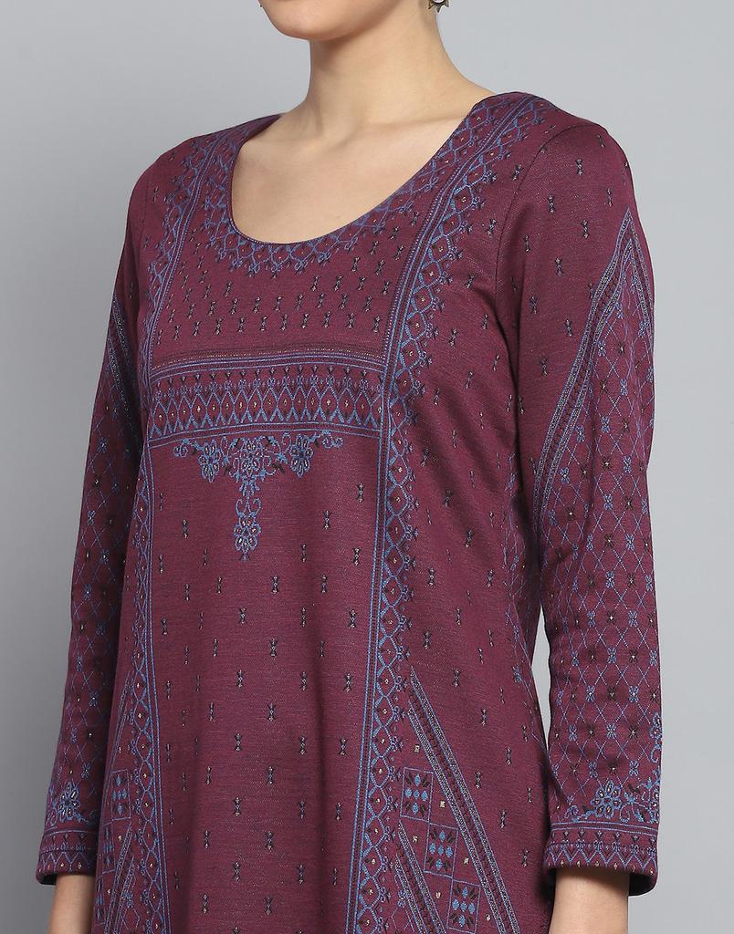 MONTE CARLO Womens Self Design Wine Round Neck Full Sleeve Kurti