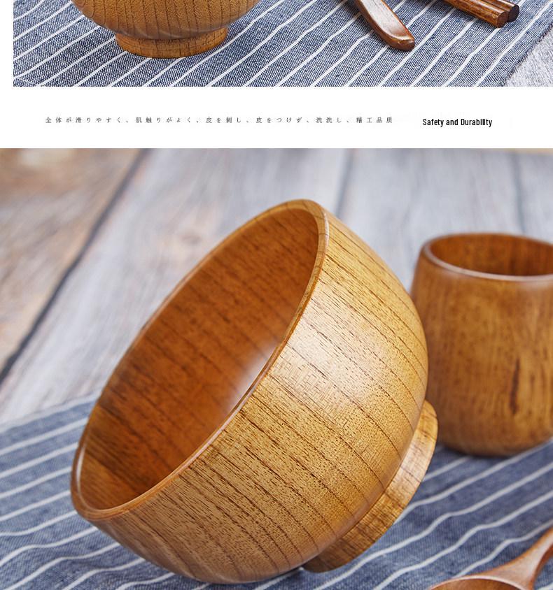Handmade Japanese-Style Solid Wood Bowl Set for Family and Children - Large, Lacquered, Retro Design, Thickened for Rice and More