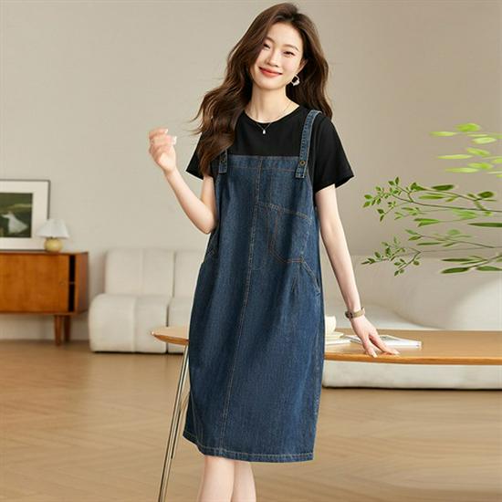 

Женское повседневное джинсовое платье из двух частей в стиле пэчворк - 2025 лето, большие размеры, шикарный стиль для мам среднего возраста L