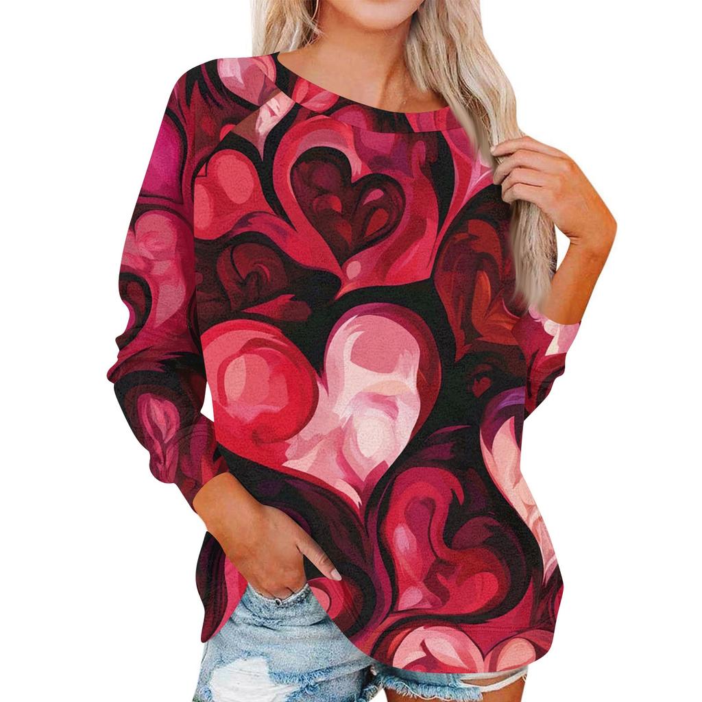 Damen Modisches Rundhals Schulter Langarm Valentinstag Bedrucktes Lässiges Pullover-Oberteil