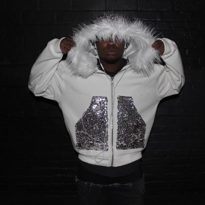 Fall Winter Loose Fit Hoodie Sequin Decor Faux Fur Trim High Street Hip Hop Rock Style Streetwear Women S XL