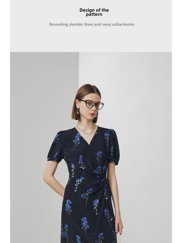 Damen V-Ausschnitt Seidenkleid - Frühjahr/Sommer Kollektion 2025, Kurzärmelig, Gefütterter Doppel-Crepe, 100% Maulbeerseide.