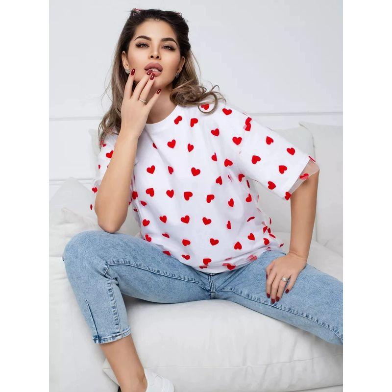European and American Fashion Love Heart Mesh Patchwork T-shirt Loose round Neck Top Printed Loose T-shirt