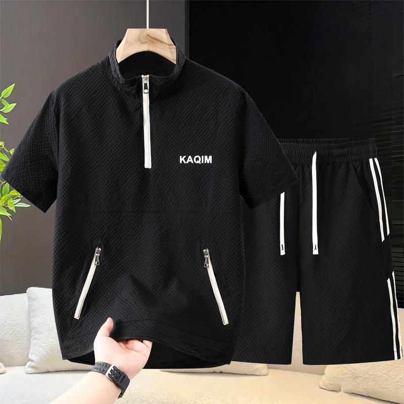 

Men s Plus Size Textured 2-Piece Set, Half-Zip T-Shirt & Striped Shorts (6XL-12XL) 6XL(95kg-105kg) чёрный