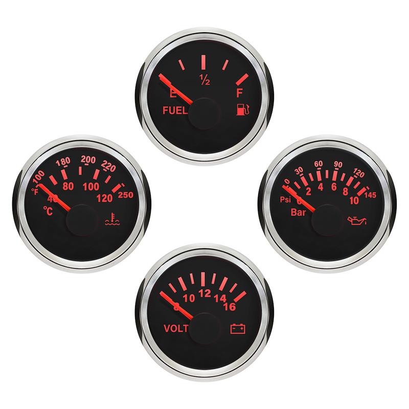 ELING 4 Gauge Set 52mm 40-120℃ Water Temp 0-10Bar Oil Pressure Fuel Level 8-16V Voltmeter with Red Backlight for Marine Car