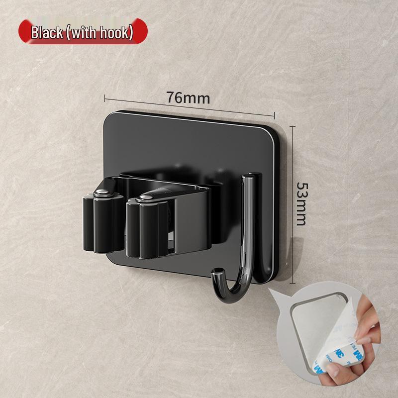 Stainless Steel No-Drill Mop & Broom Holder with Hooks - Wall-Mounted, Strong Adhesive Storage Clip