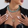 European and American Bohemian geometric imitation pearl beaded necklace creative turquoise mixed and matched metal chain necklace set