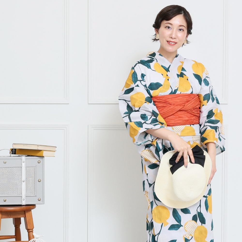 Kyoto Kimono Yuzen Women's Yukata and Obi Set (2-Piece Set) with Floral Pattern (Yellow (Hikida Pomegranate))