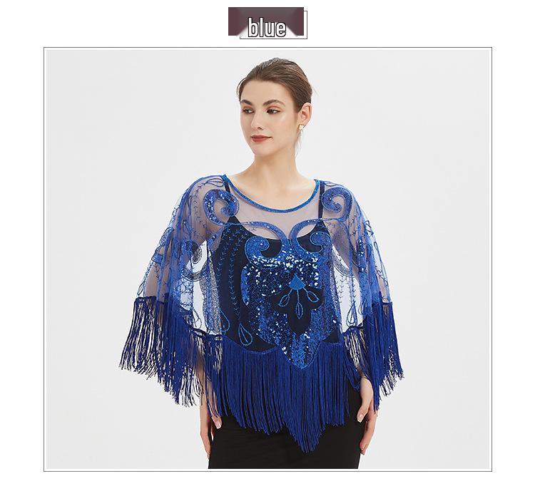Mesh Sequin Tassel Shawl Evening Gown Strapless Wedding Dress with Elegant Beaded Cape Cover-up