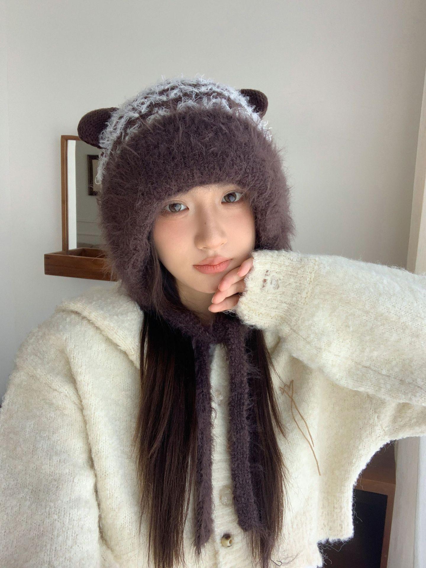 

Японская милая вязаная шапка с кошачьими ушками для женщин - Зимняя мохеровая ветрозащитная шапка-бини с защитой ушей M (56-58cm) кофейный