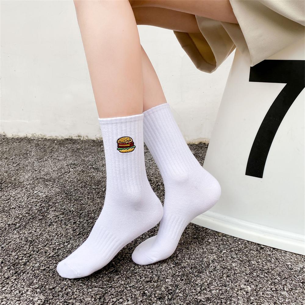 Warmer Winter Neu Lustige Stickerei Hamburger Pizza Muster Weiß Schwarz Grau Lässige Hipster Dicke Socken Weihnachtsgeschenk Dropship
