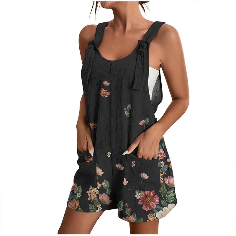 2025 Women Floral Print Sleeveless Pocket Decoration Jumpsuit Fashion Elegant Casual Loose Female Streetwear Outfits