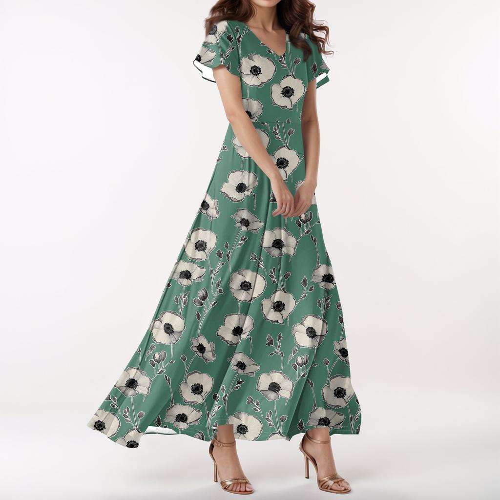 Lässiges Damenkleid mit V-Ausschnitt, kurzen Ärmeln und hoher Taille, Retro-Blumenblatt-Print
