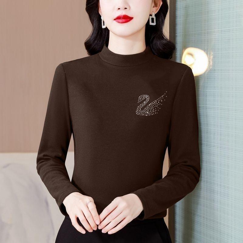 Autumn Winter Style German Velvet Thickened Warm Half Turtle Collar Hot Diamond Pullover Versatile and Comfortable Top for Women