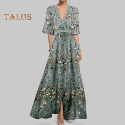 Kadın Çiçek Desenli Boho Maksi Elbise Günlük Kısa Kollu V Yaka Midi Elbise Kadın Yaz Plaj A Kesim Uzun Elbise