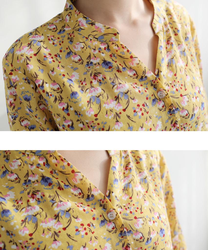 Ppaeppae Flower Slit Neck Shirred 3/4 Sleeve Blouse