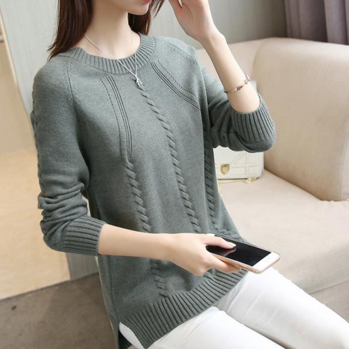 Dámský svetr Volný Módní Jednobarevný Volný Pulovr Ležérní Dlouhý Rukáv Teplý Pletený Svetr