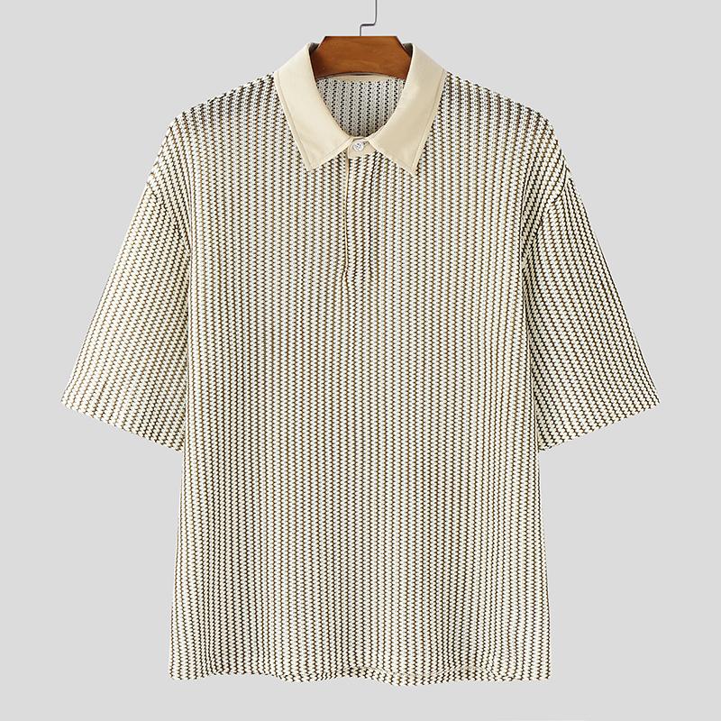 

INCERUN Men Stitching Lapel Neck Striped Print Casual Texture Tops Shirts L хаки