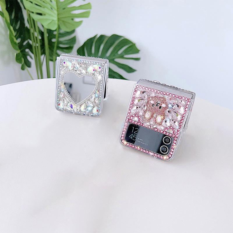 For Korea for Samsung Zflip4 Mobile Phone Case Luxury Full Diamond Cat Flower Glass Mirror Ins Style Bunny