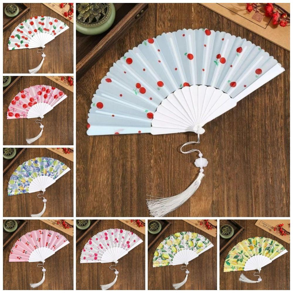 Ventilateur à main pliant design cerise motif fruité Ventilateur rafraîchissant Cadeau Ventilateur à pompon en tissu Femmes