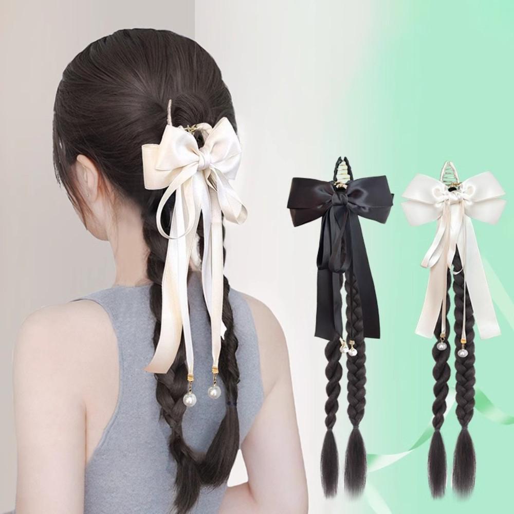 Female Synthetic Wig Lace Flower Bow Tie Tassel Grabbed Clip Wig Natural Fake Twist Ponytail Creative Gentle Versatile Hairstyle