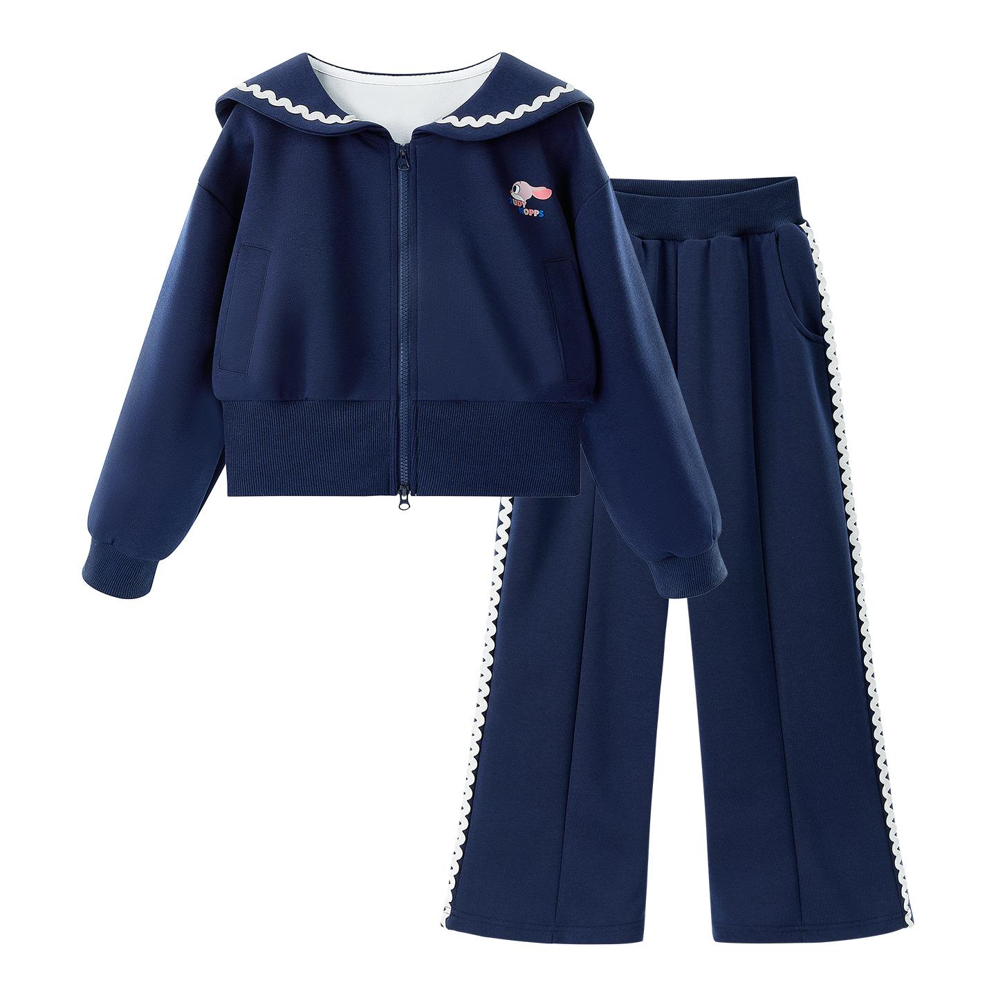 

Judy Girls Autumn Sailor Lace Collar Jacket & Wide Leg Pants Two-Piece Set 160 cm темно-синий