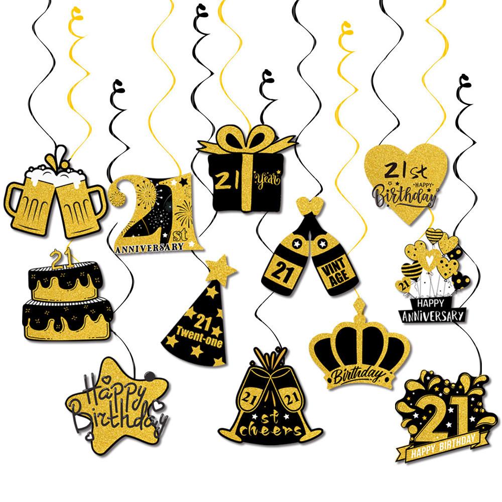 Birthday Celebration Black And Gold Theme Festive Paper Spiral Decor Hanging