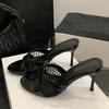 Heeled Footwear Female Slides Women Slippers Fashion Wine red Breathable Mesh Round Toe Thin Heels Sandals Pumps Shoes