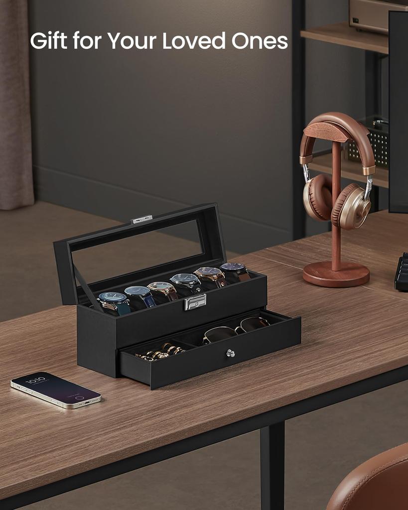 SONGMICS Watch Holds 6 PU Watch Collection Case with Large Glass Lid Removable Metal Accessory Perfect Day Gift for Men and JWB060B02 Case, Watches,