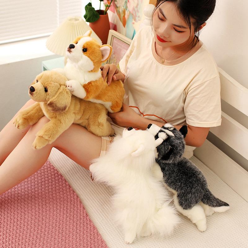 Simulation Pet Husky Corgi Plush Toy Cute Cartoon Animal Labrador Stuffed Doll Home Decor Gifts For Girl