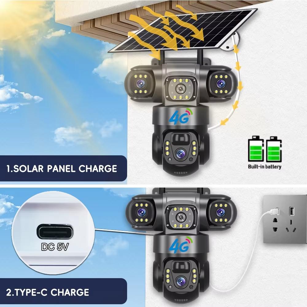 LS VISION Solar 4G Camera With Sim Card 12MP 6K Three Lens Three Screen Monitor Night Vision Security Protection PTZ Video Surveillance