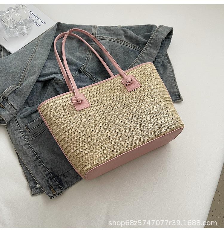 

2025 summer straw knitted daily seaside vacation travel bucket bag magnetic buckle shoulder armpit mother bag female woven bag розовый