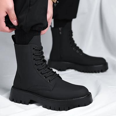 Men's Ankle Boots 2024 Autumn/Winter Long Overalls Soft Leather British Shoes Platform Lace-up Flat Heel Non-slip Comfort  Boots
