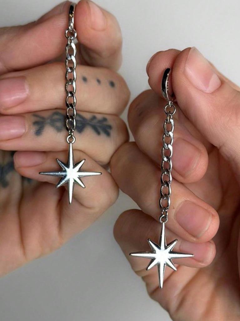 1pair Rock Punk Eight Pointed Star Chain Tassel Earrings Unisex Gothic Puncture North Polar Star Celestial Earrings Eight Awn Star