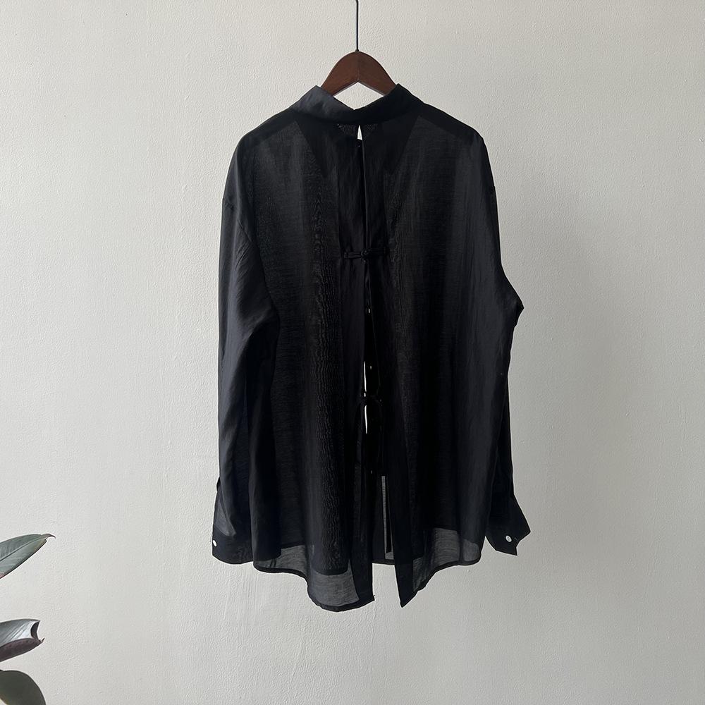 

Легкая солнечная рубашка на пуговицах в китайском стиле, женская летняя блузка с разрезом на спине, топы L чёрный