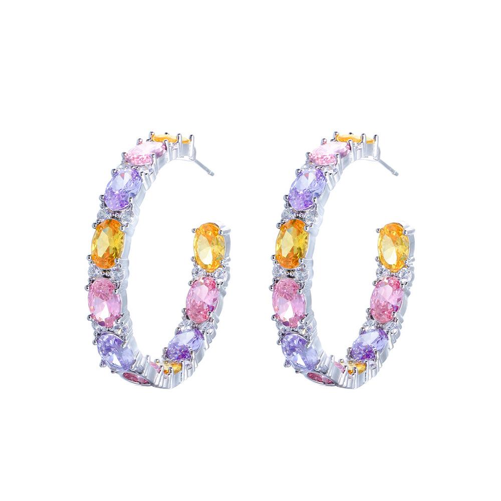Light Luxury And Colorful Candy C-Shaped Earrings, Rainbow Zircon Circle Earrings, Shining Color Matching Earrings.