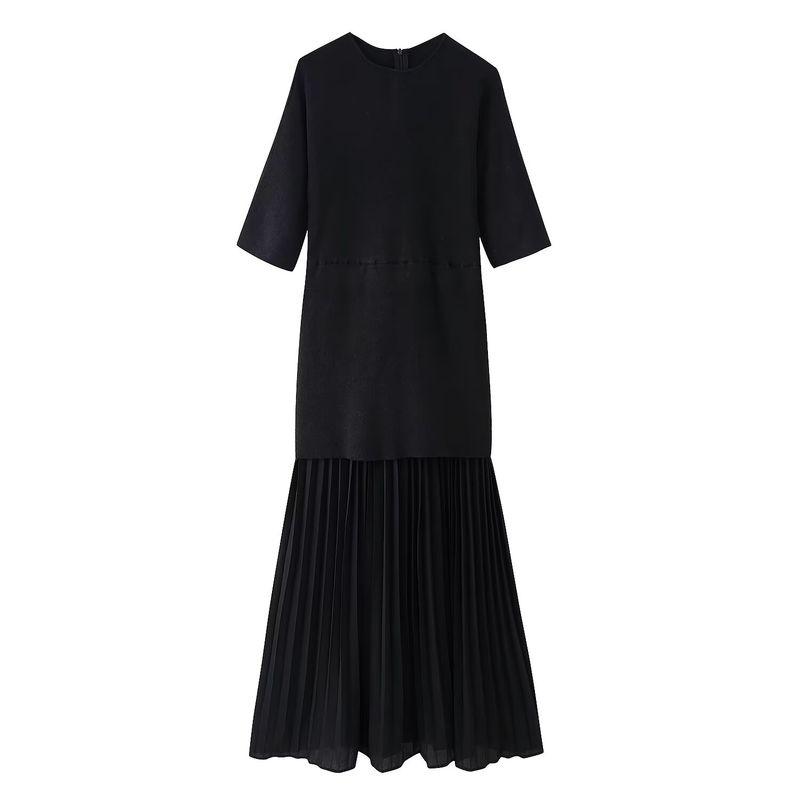 Kaslead New Women Clothes Western Style Round Neck Short Sleeve Knitted Patchwork Dress 4192001
