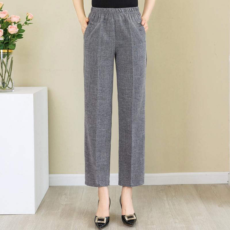 

Летние хлопковые льняные прямые брюки женские классические брюки больших размеров с высокой талией L темно-серого